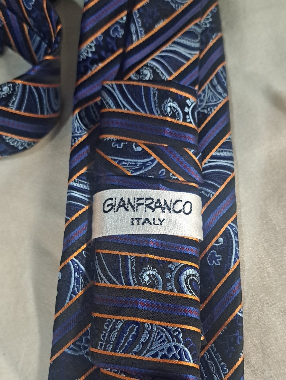 GIANFRANCO  ITALY Stylish Striped Tie -Muti-color Blue , Black , Orange and Grey - Picture 5 of 6